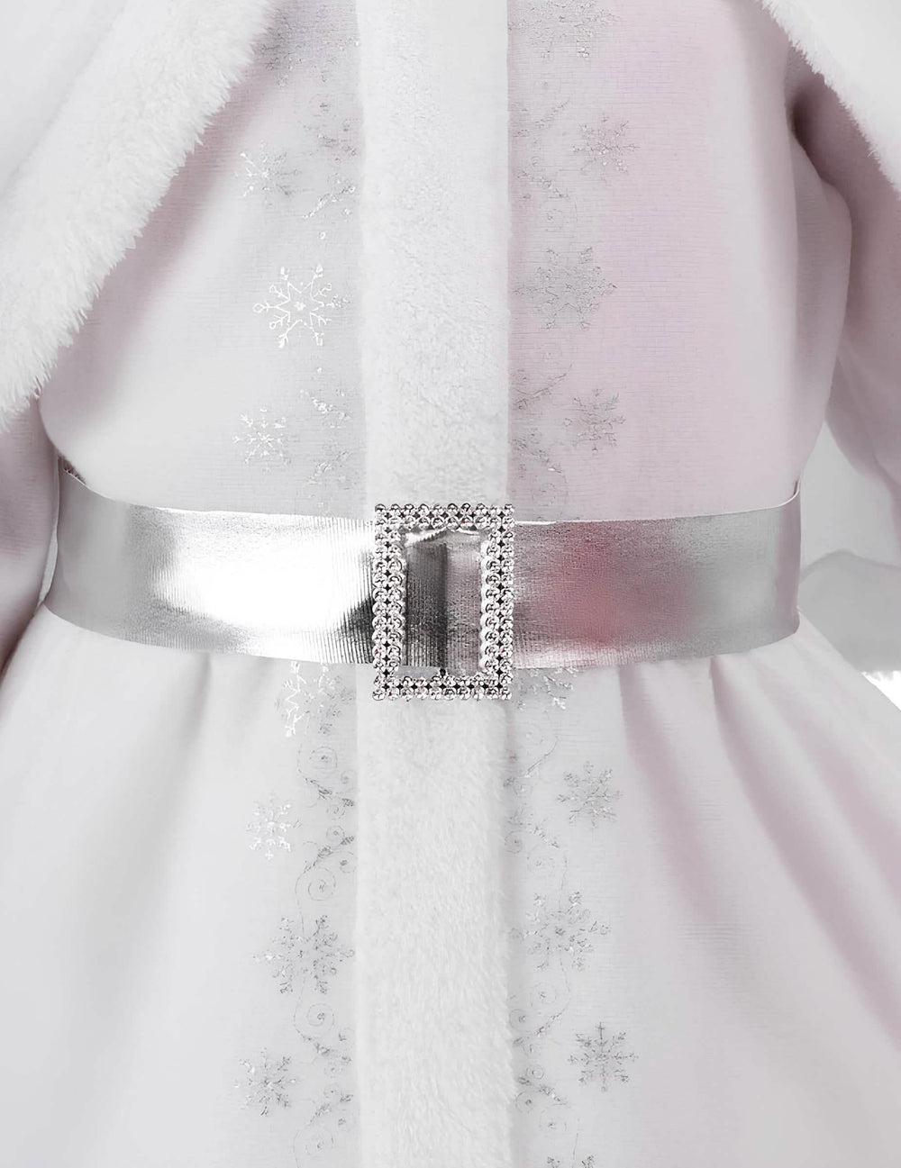 Détail de la ceinture argentée à strass du déguisement de Mère Noël pour fille