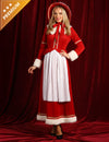 Déguisement de Mère Noël traditionnel avec tablier pour femme rouge et blanc avec bonnet et fourrure