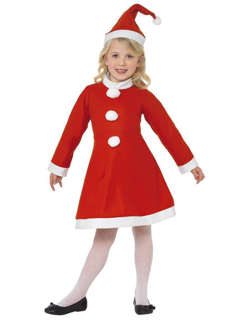 Déguisement Mère Noël robe pompons pour fille rouge et blanc avec bonnet