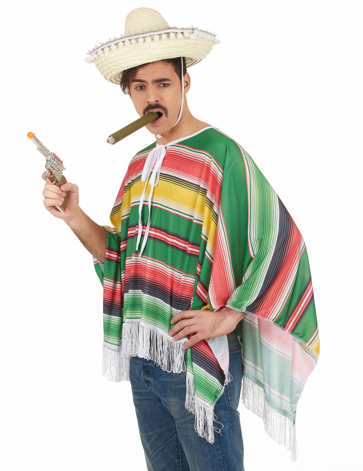 Vue de face avec accessoires du déguisement mexicain à franges pour homme