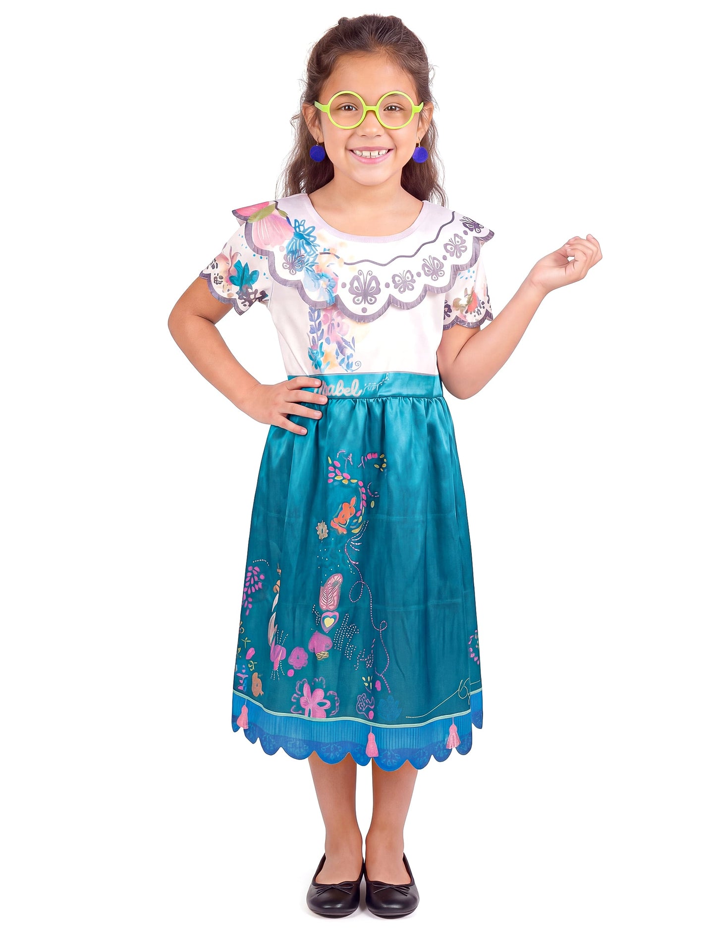 Déguisement Mirabel Encanto™ classique pour enfant blanc et bleu avec lunettes vertes