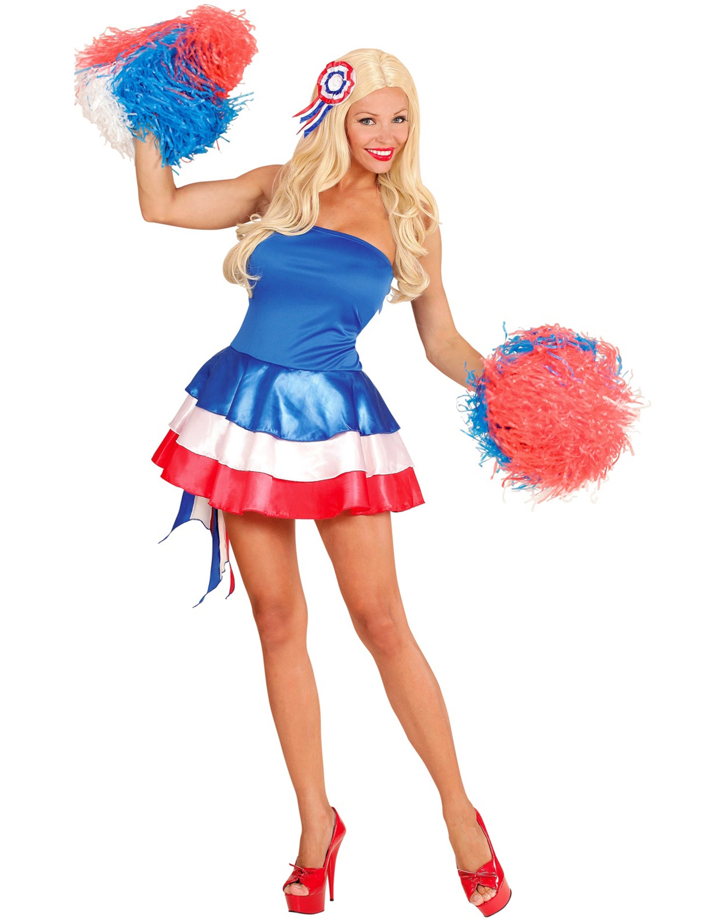 Déguisement supporter France pour femme tricolore bleu blanc rouge avec pompons