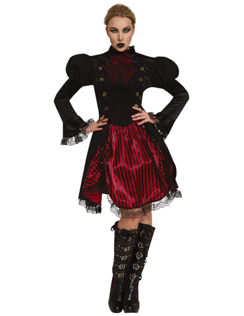 Miss steampunk jelmez nő részére, fekete és piros csíkos, csipkével