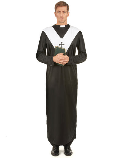 Déguisement de moine pour homme noir et blanc avec plastron en V et croix