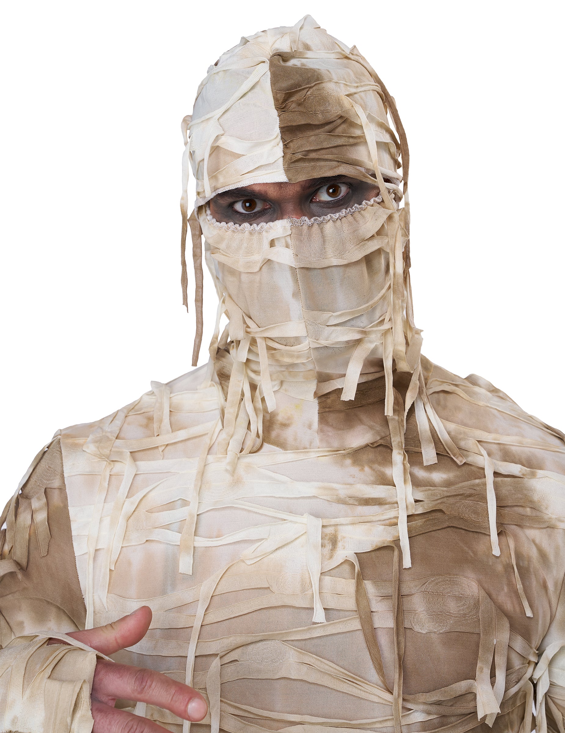Gros plan sur la cagoule du déguisement de momie pour homme