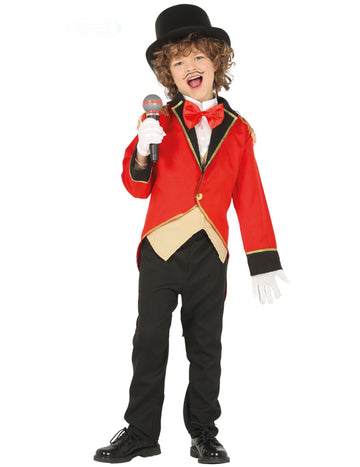 Déguisement Monsieur Loyal pour garçon rouge et noir avec veste et chapeau haut-de-forme