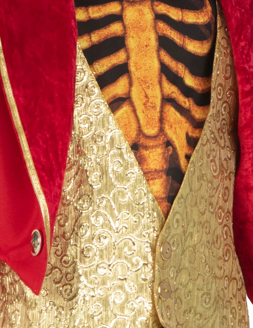 Détail du gilet doré et du motif squelette du déguisement Monsieur Loyal squelette