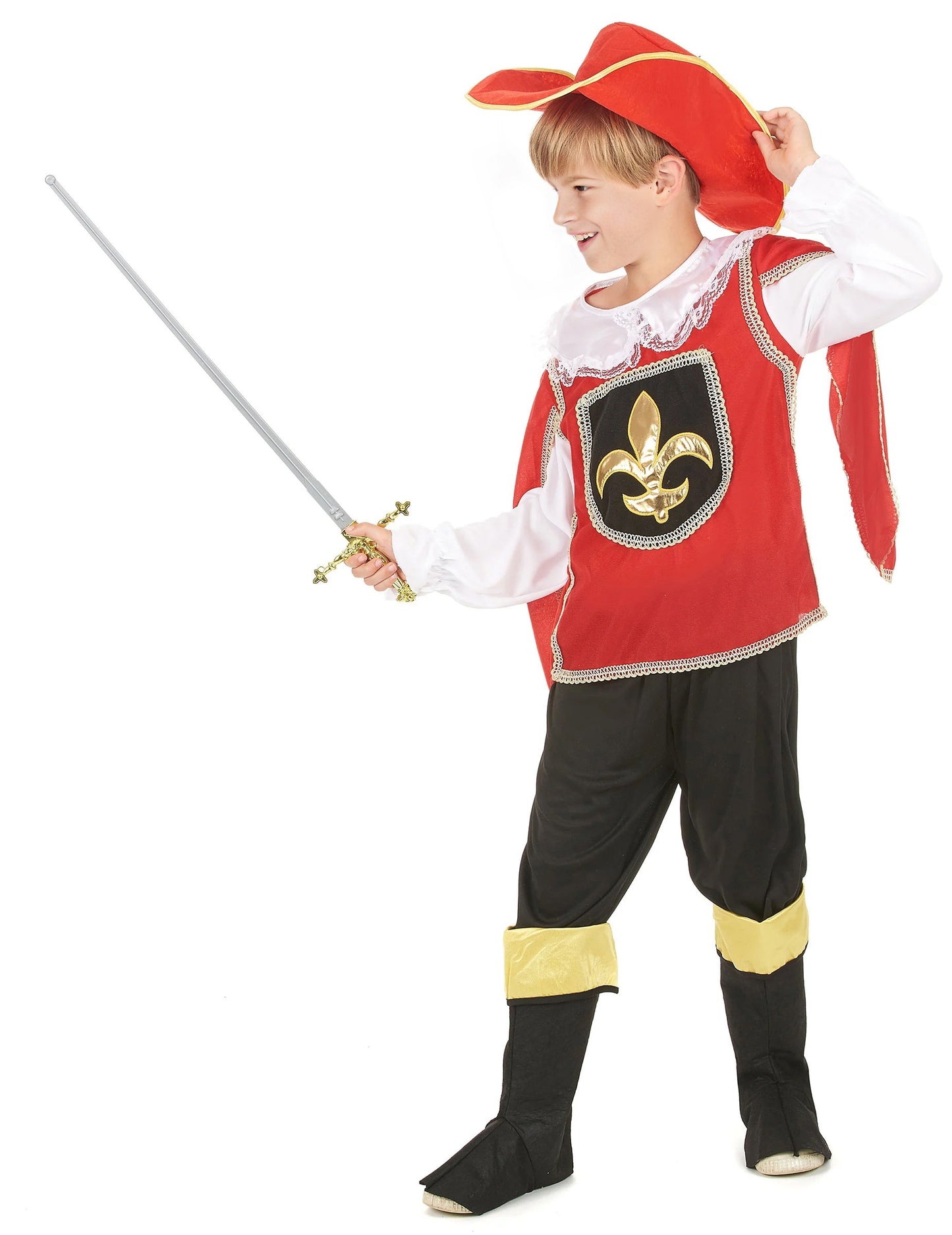 Profil nézet a muskétás jelmez kardjával