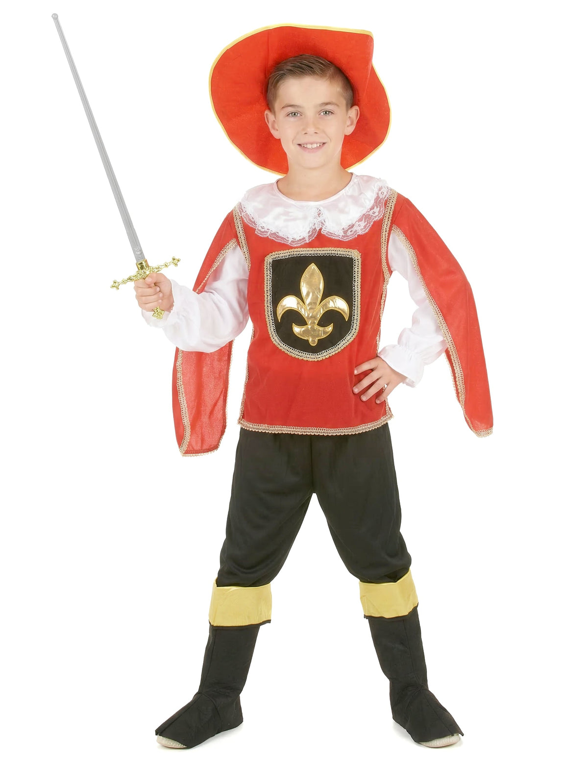 Déguisement de mousquetaire pour garçon rouge et noir avec chapeau et fleur de lys dorée
