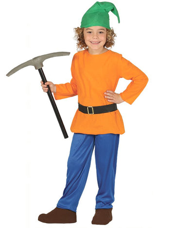 Déguisement de nain de la mine pour enfant orange et bleu avec bonnet vert et pioche