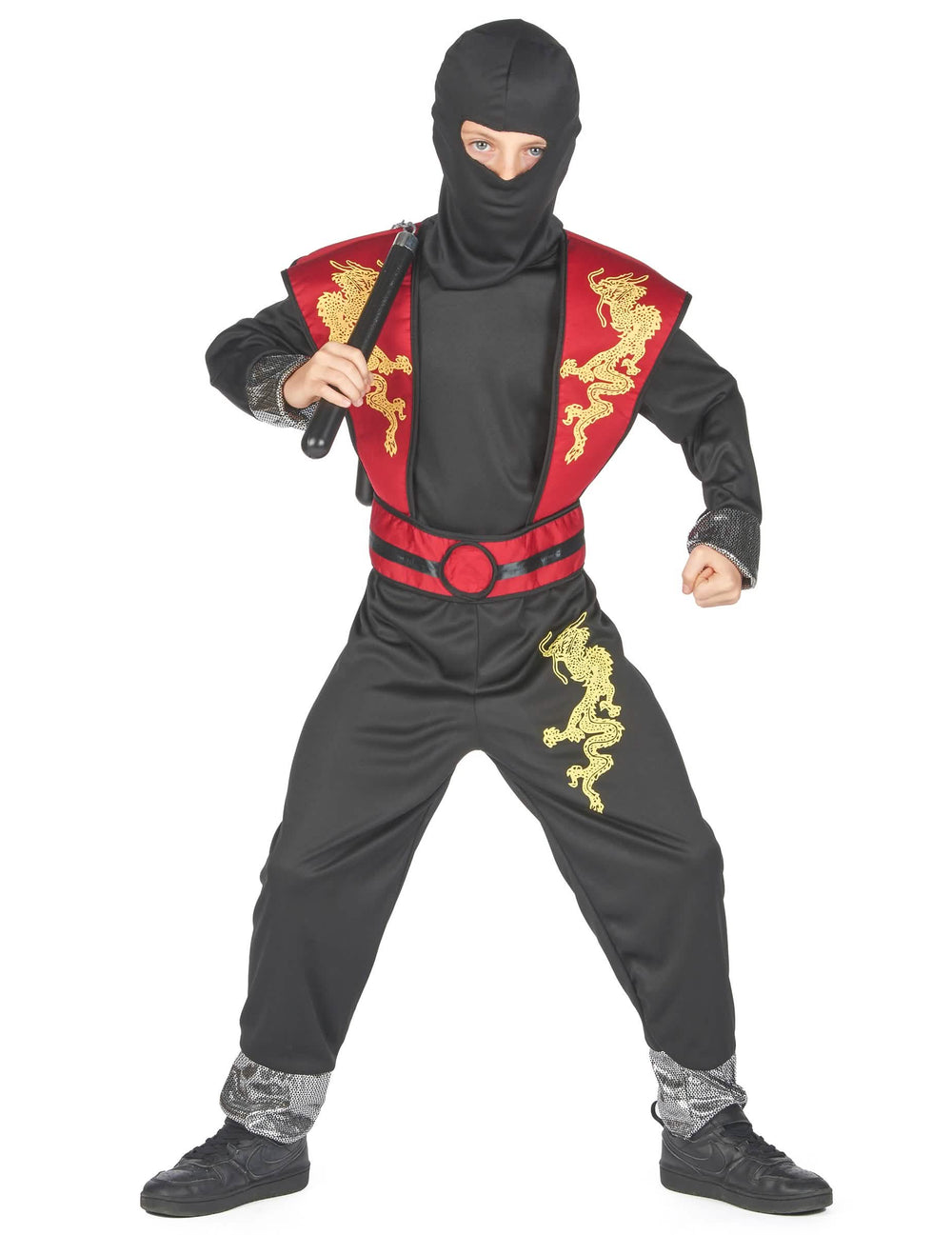 Harci póz nunchakuval a sárga sárkány nindzsa jelmez fiúknak