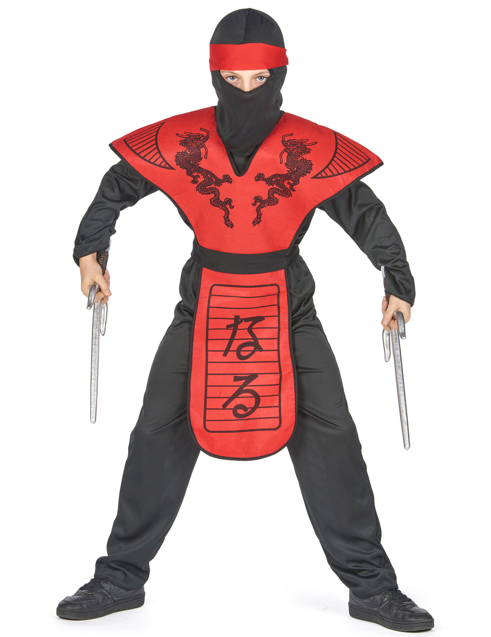 Vue de face du déguisement ninja dragon rouge pour garçon