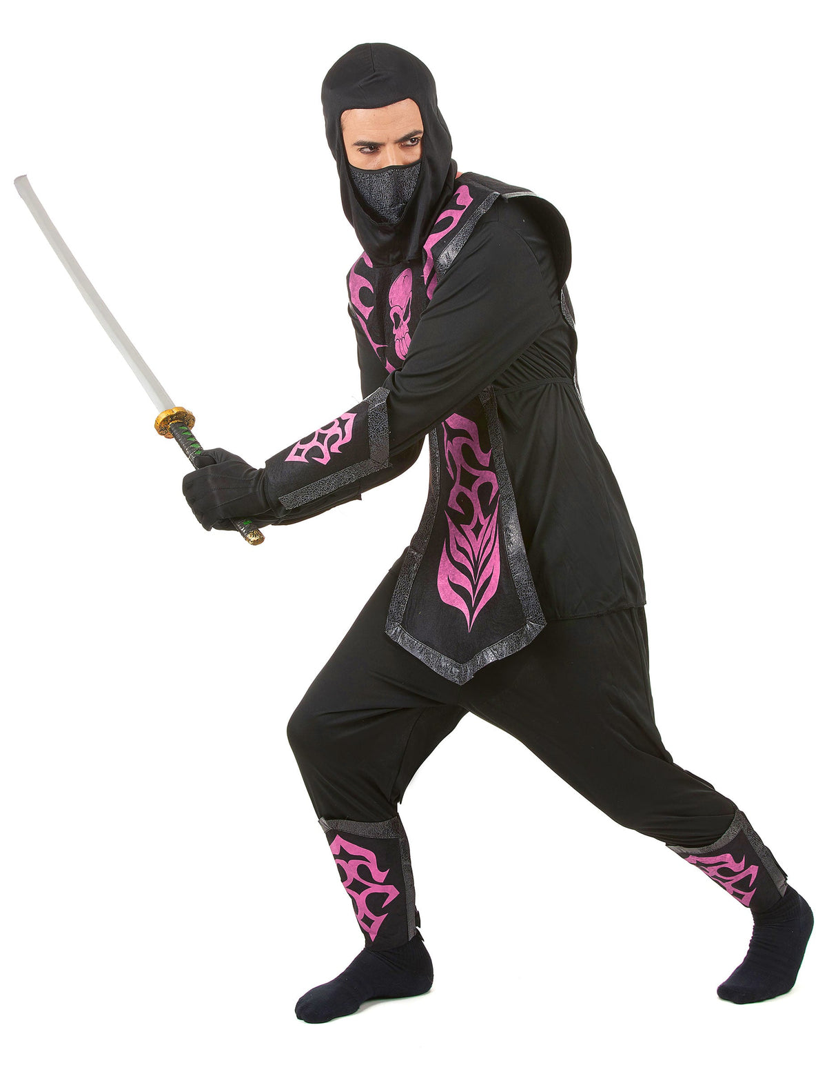 Déguisement ninja effet feutrine pour homme noir avec motifs roses et crâne