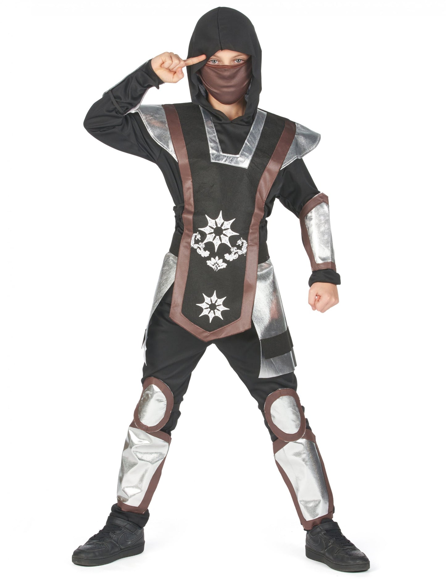 Déguisement ninja pour garçon noir et argent avec cagoule et plastron
