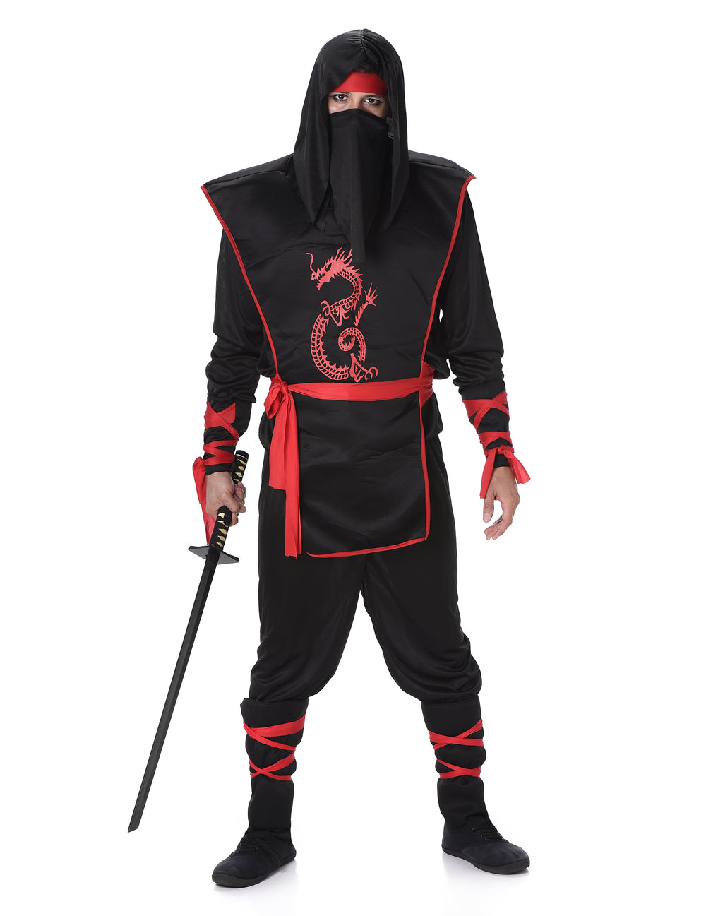 Déguisement ninja pour homme noir et rouge avec imprimé dragon