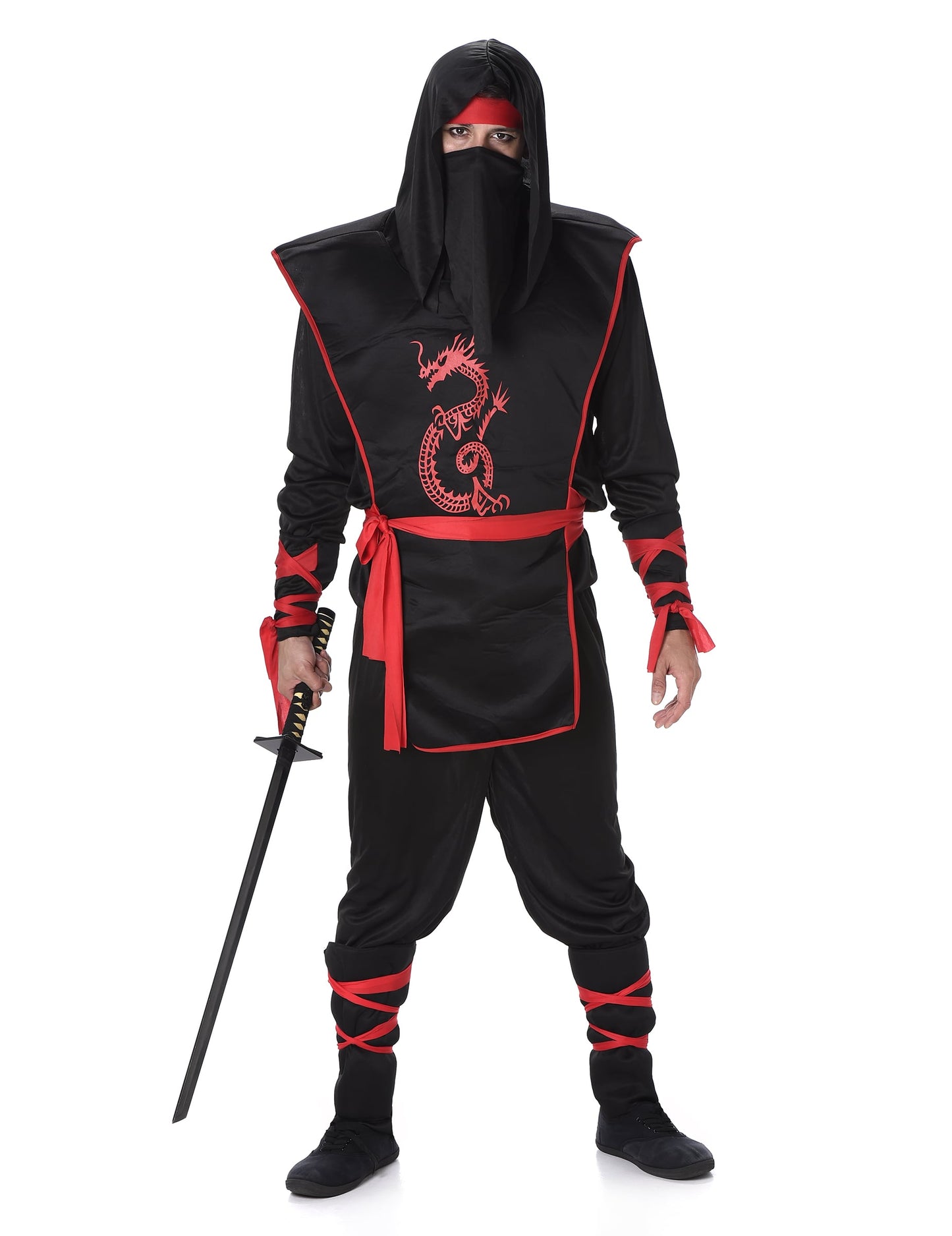 Déguisement ninja pour homme noir et rouge avec imprimé dragon