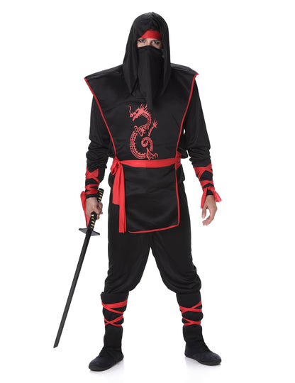 Déguisement ninja pour homme noir et rouge avec imprimé dragon