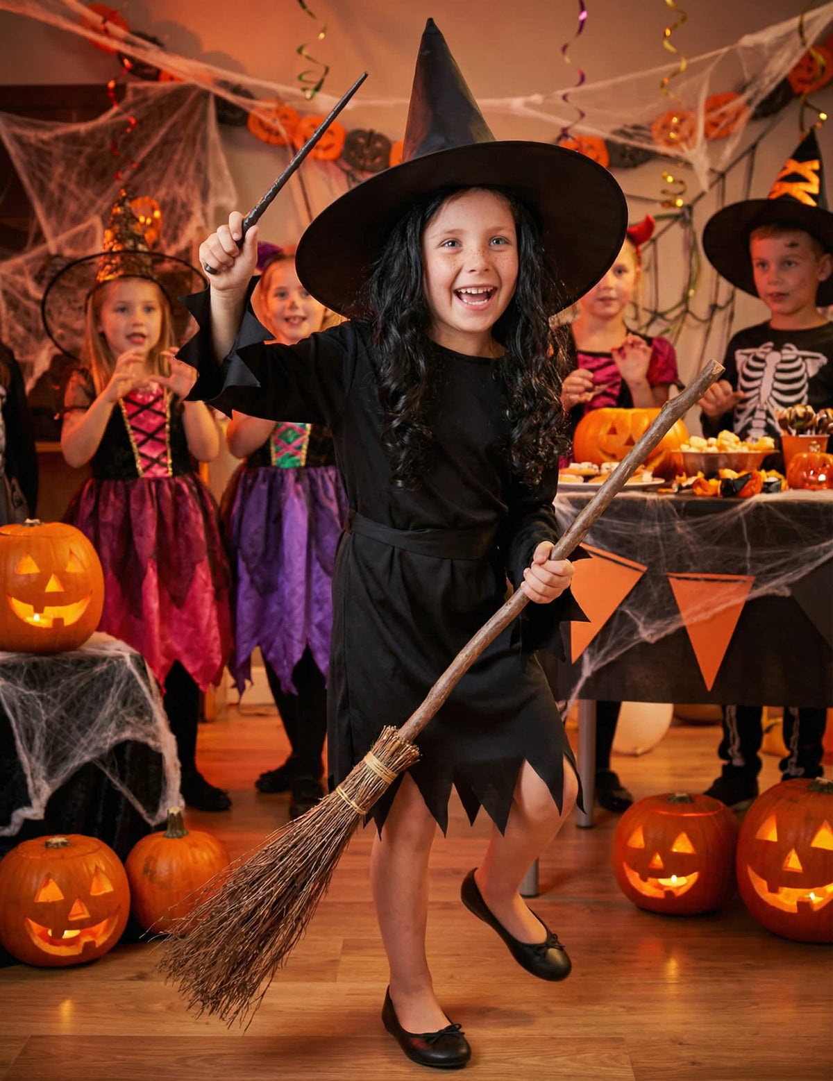 Ünnepi jelenet halloween díszletben, lányoknak való halloween boszorkány jelmezben