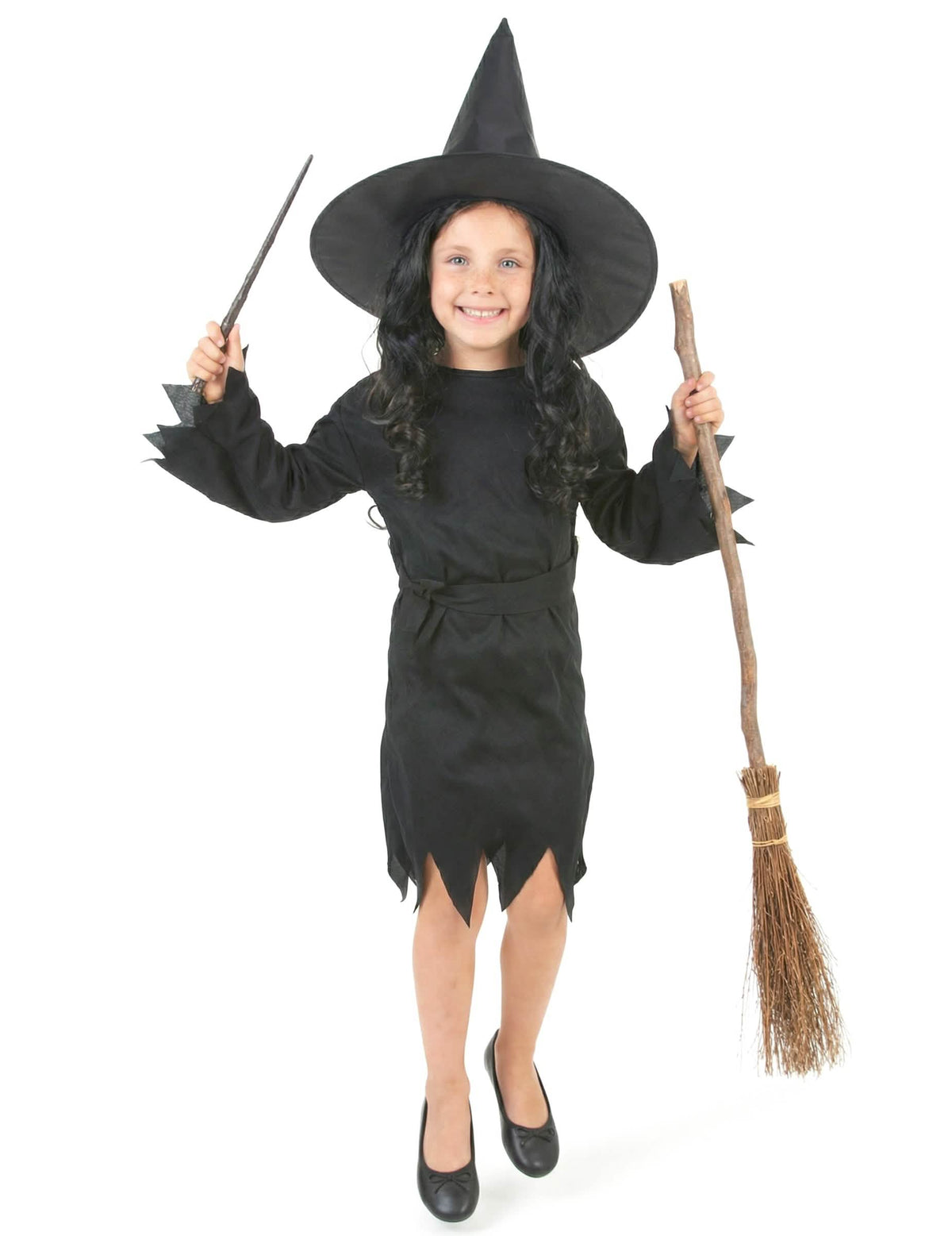 Elölnézet kiegészítőkkel a halloween boszorkányjelmezhez lány számára