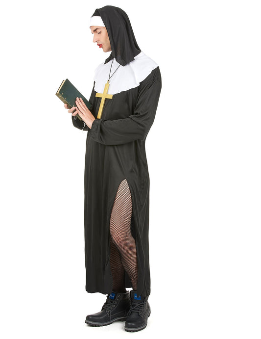 Déguisement de nonne humoristique pour homme noir et blanc avec fente et collants résille