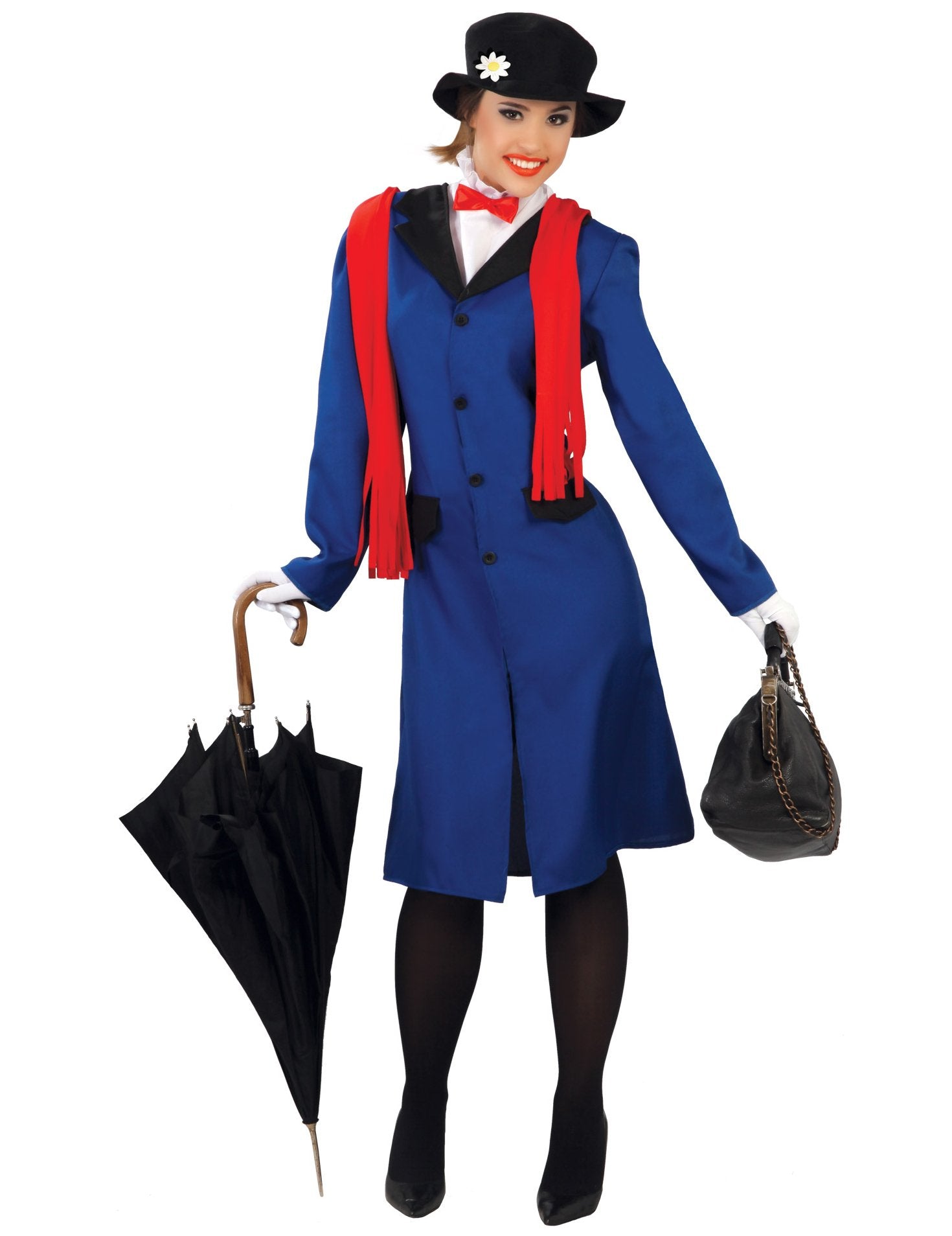 Déguisement nurse anglaise pour femme bleu et rouge avec chapeau et écharpe