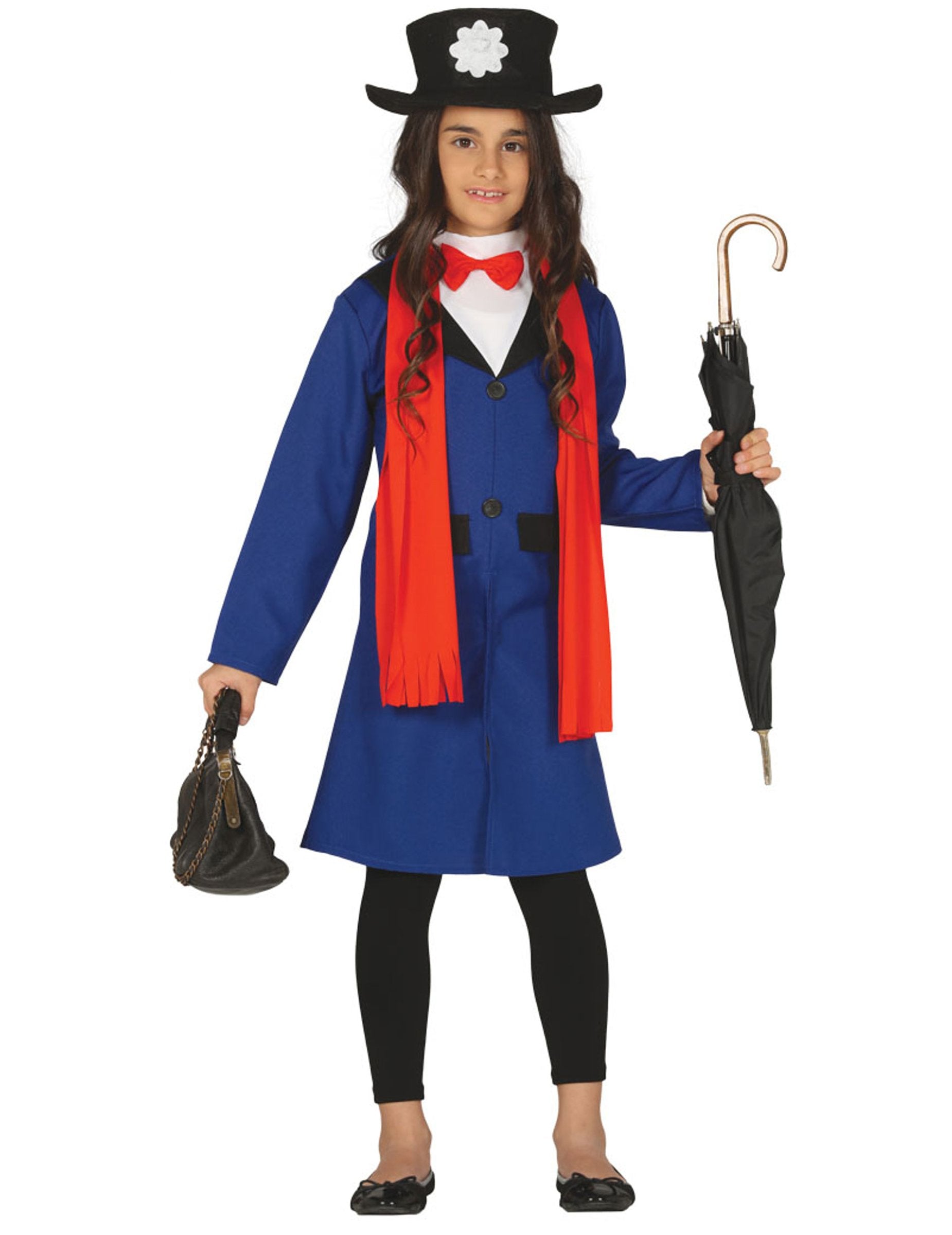 Déguisement de nurse anglaise pour fille bleu avec écharpe rouge et chapeau