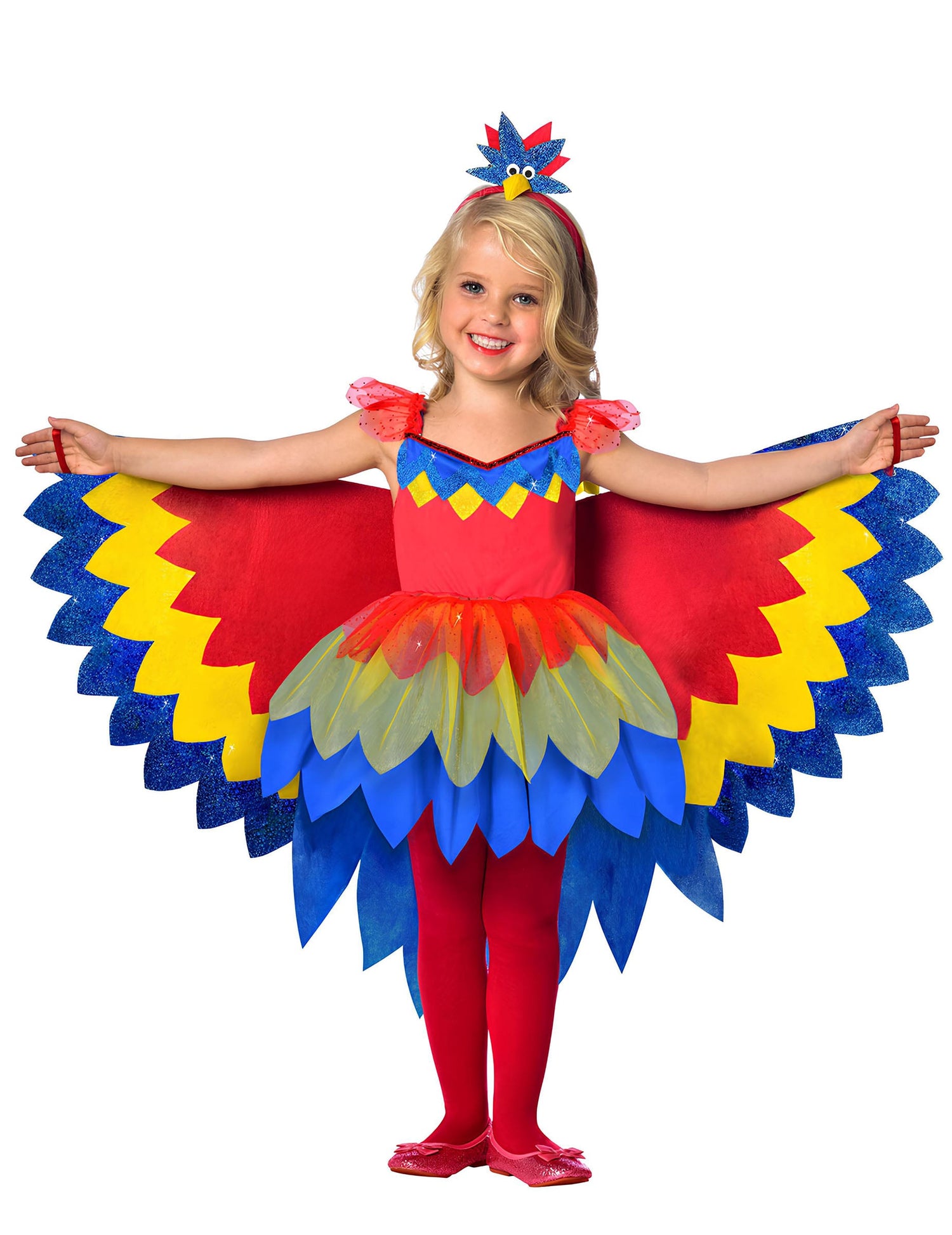 Déguisement de perroquet coloré pour fille rouge bleu et jaune avec ailes