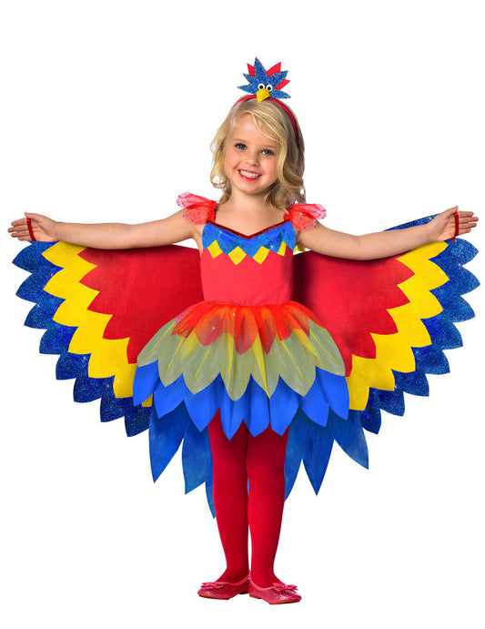 Déguisement de perroquet coloré pour fille rouge bleu et jaune avec ailes