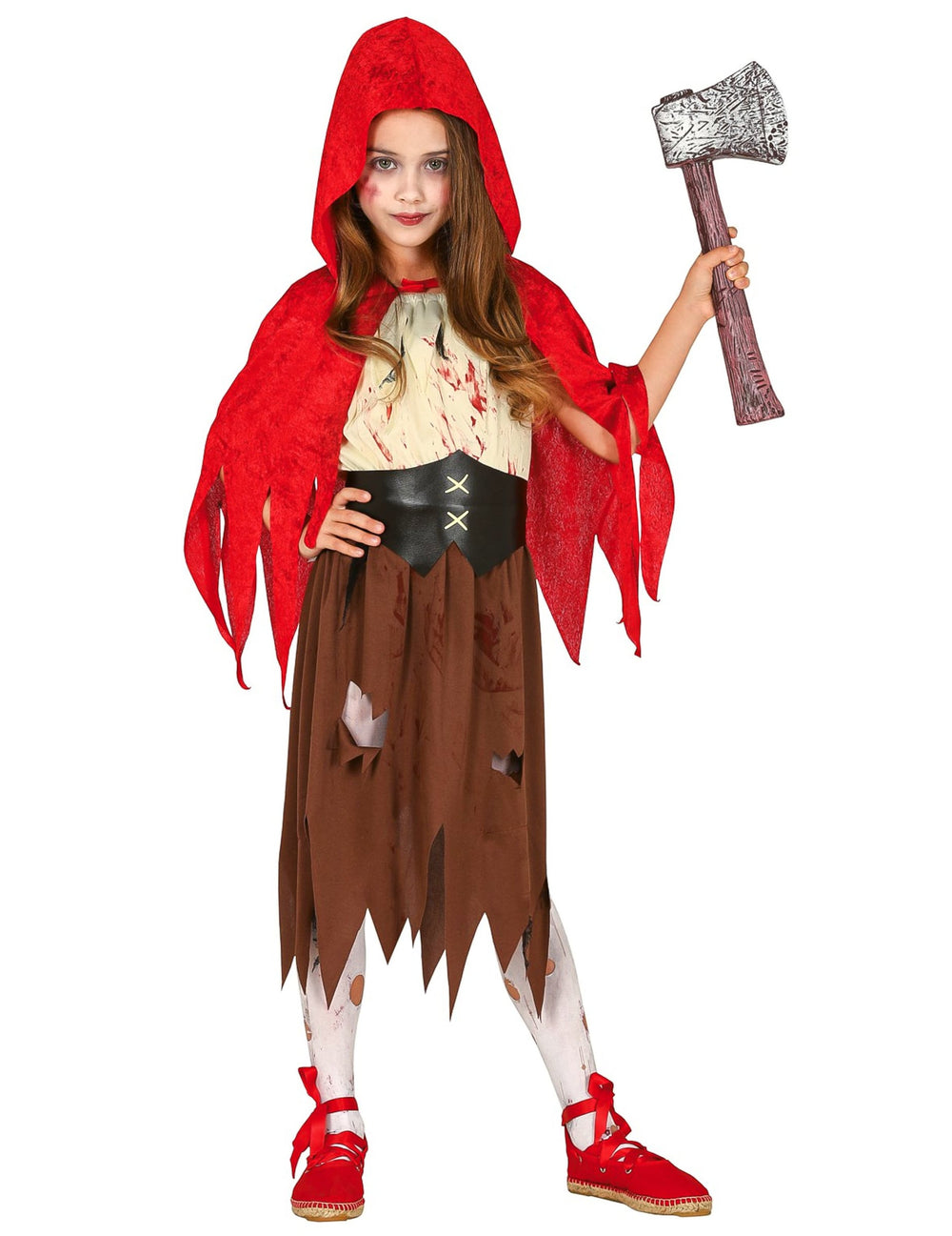 Déguisement petit chaperon rouge zombifié pour enfant rouge et marron avec hache