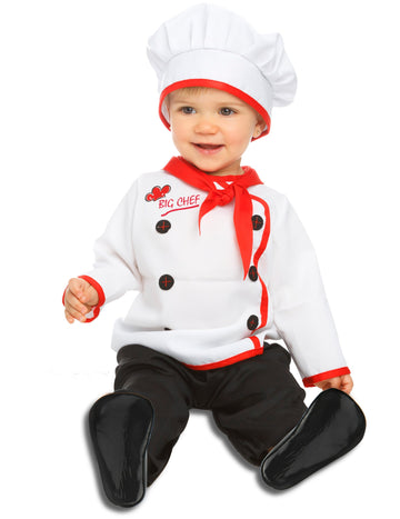 Déguisement de petit chef pour bébé blanc et rouge avec toque et pantalon noir