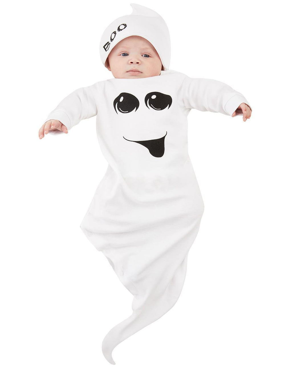 Déguisement de petit fantôme pour bébé blanc avec bonnet imprimé BOO
