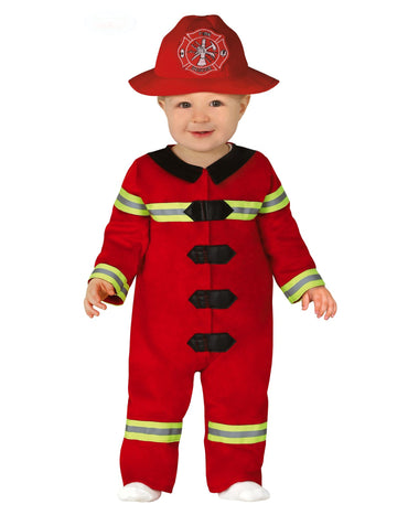 Déguisement de petit pompier pour bébé rouge avec bandes réfléchissantes et chapeau