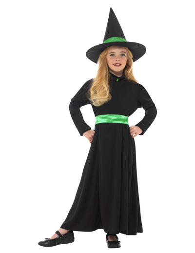 Déguisement petite sorcière pour fille noir et vert avec chapeau