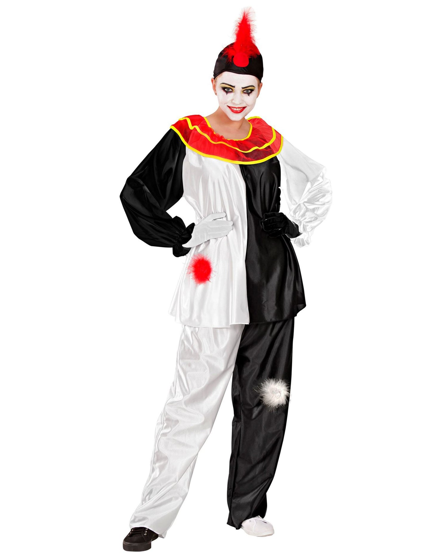 Felnőtt fekete-fehér pierrot jelmez piros gallérral és tollas kalappal