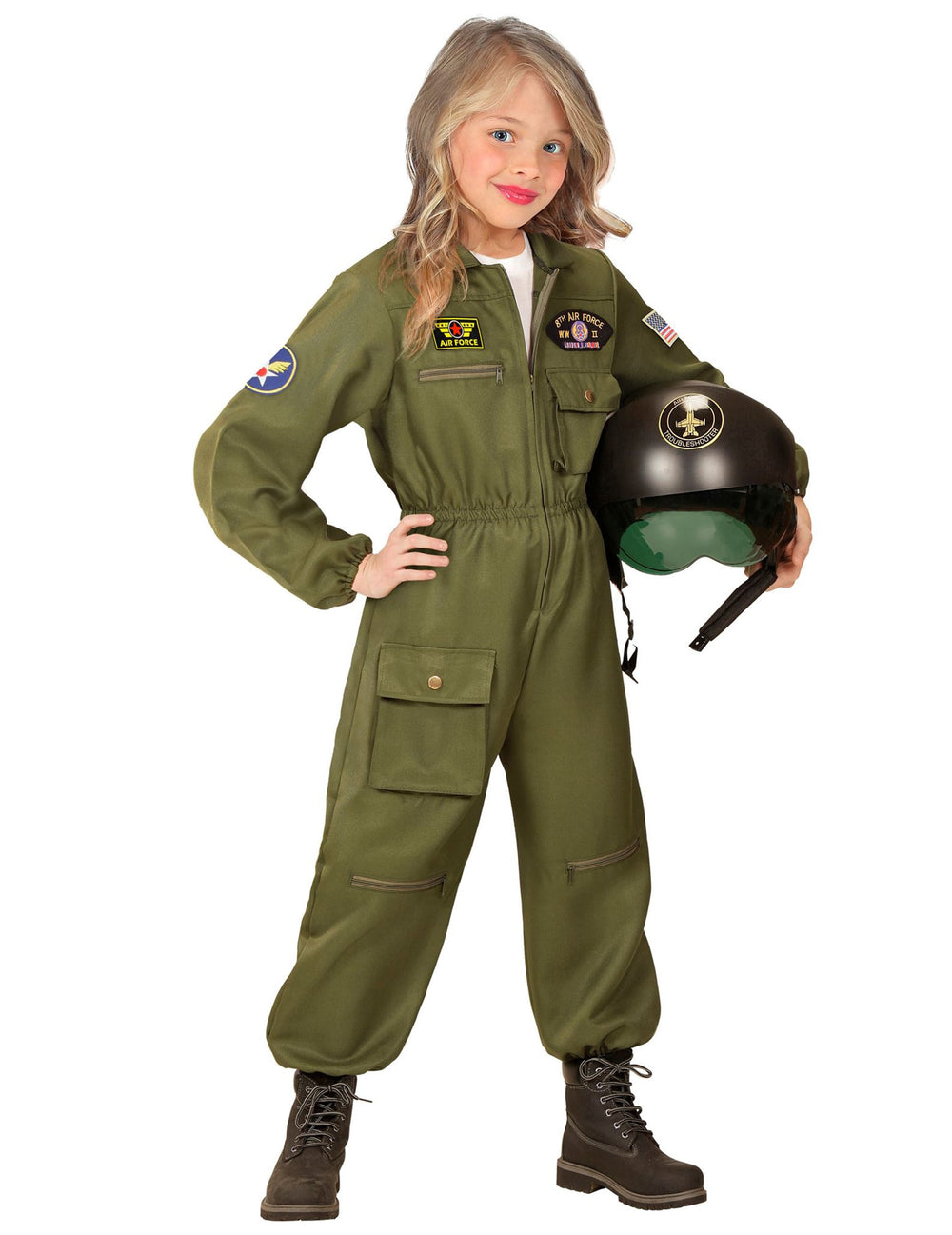Vue d'ensemble avec casque à la main du déguisement de pilote de combat pour garçon