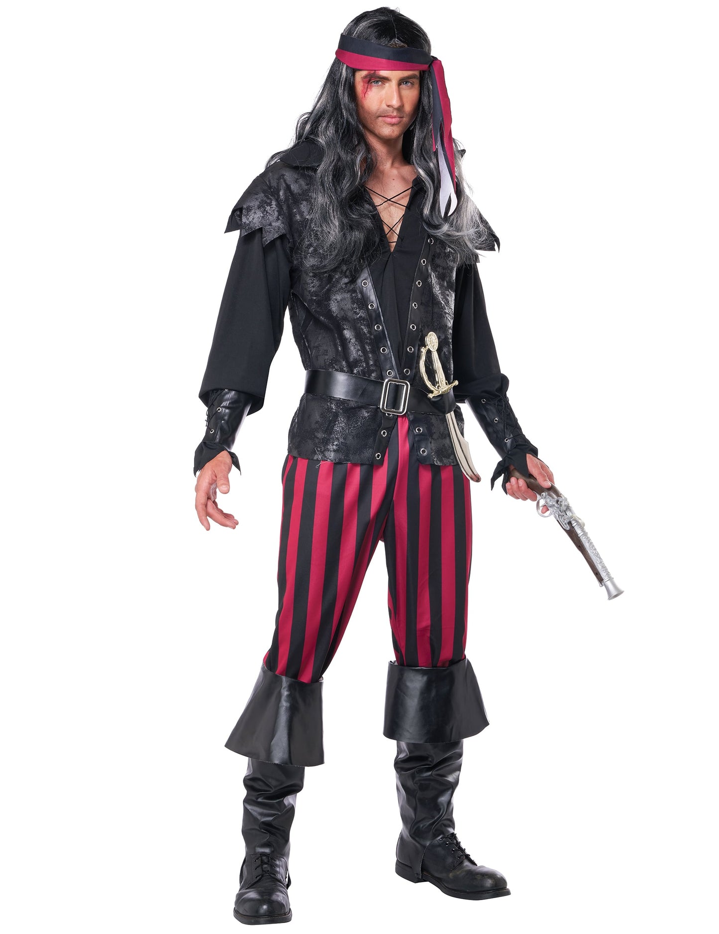 Déguisement pirate à rayures pour homme noir et rouge avec bandeau