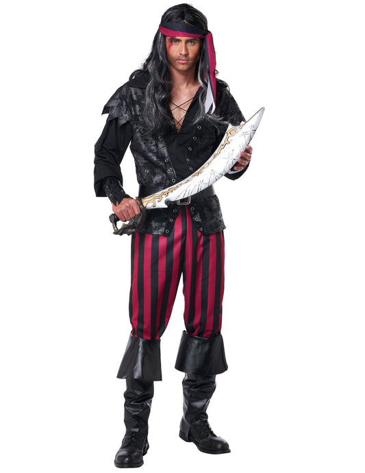 Sabre de pirate tenu par le modèle du déguisement pirate à rayures