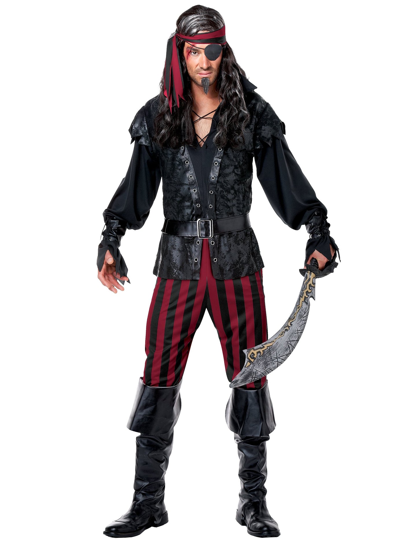 A fekete és piros csíkos kalóz jelmez férfiaknak összképe