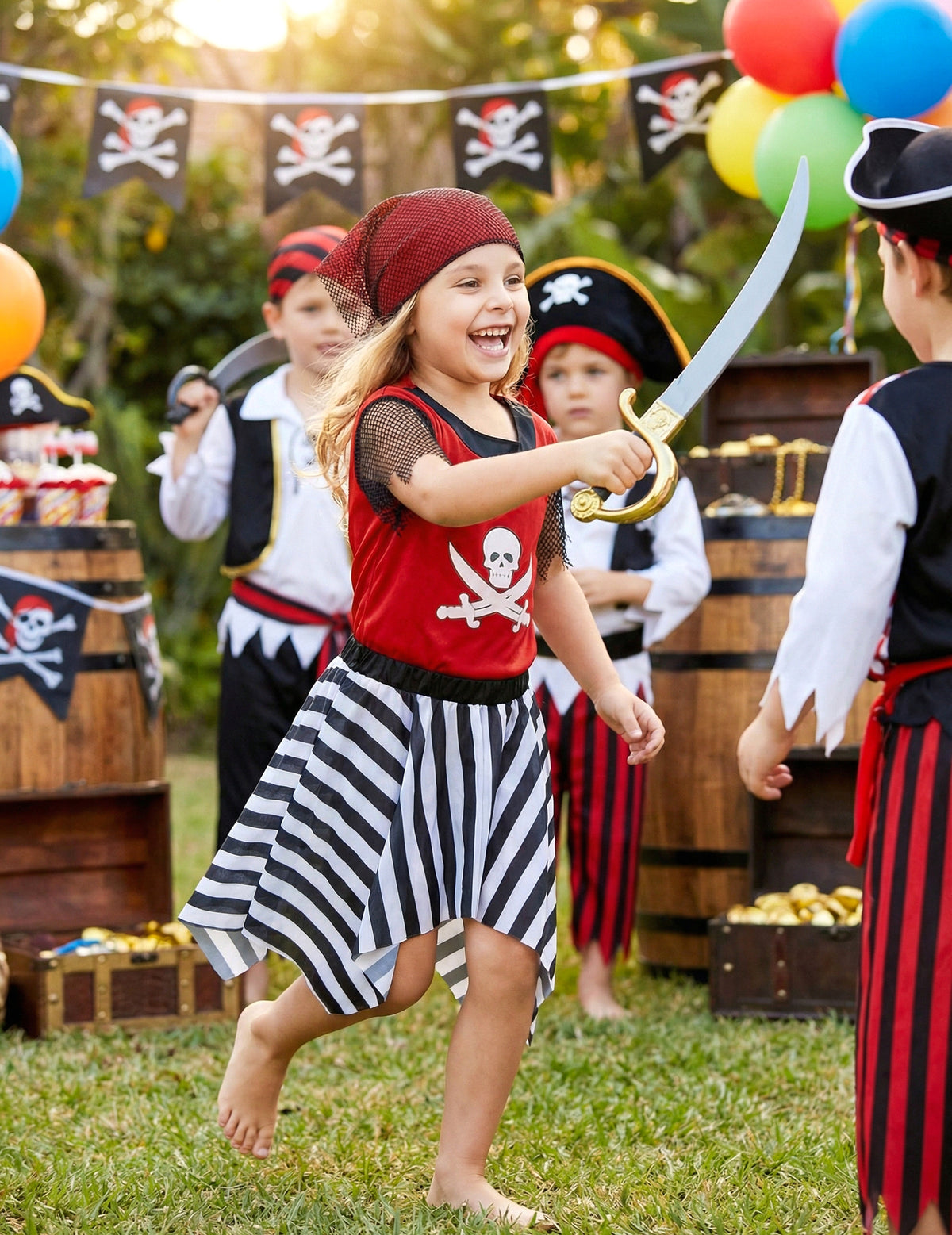 Mise en situation du déguisement de pirate corsaire pour fille rouge