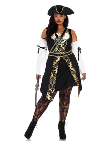 Nagy méretű női óceáni kalóz jelmez arany mintákkal