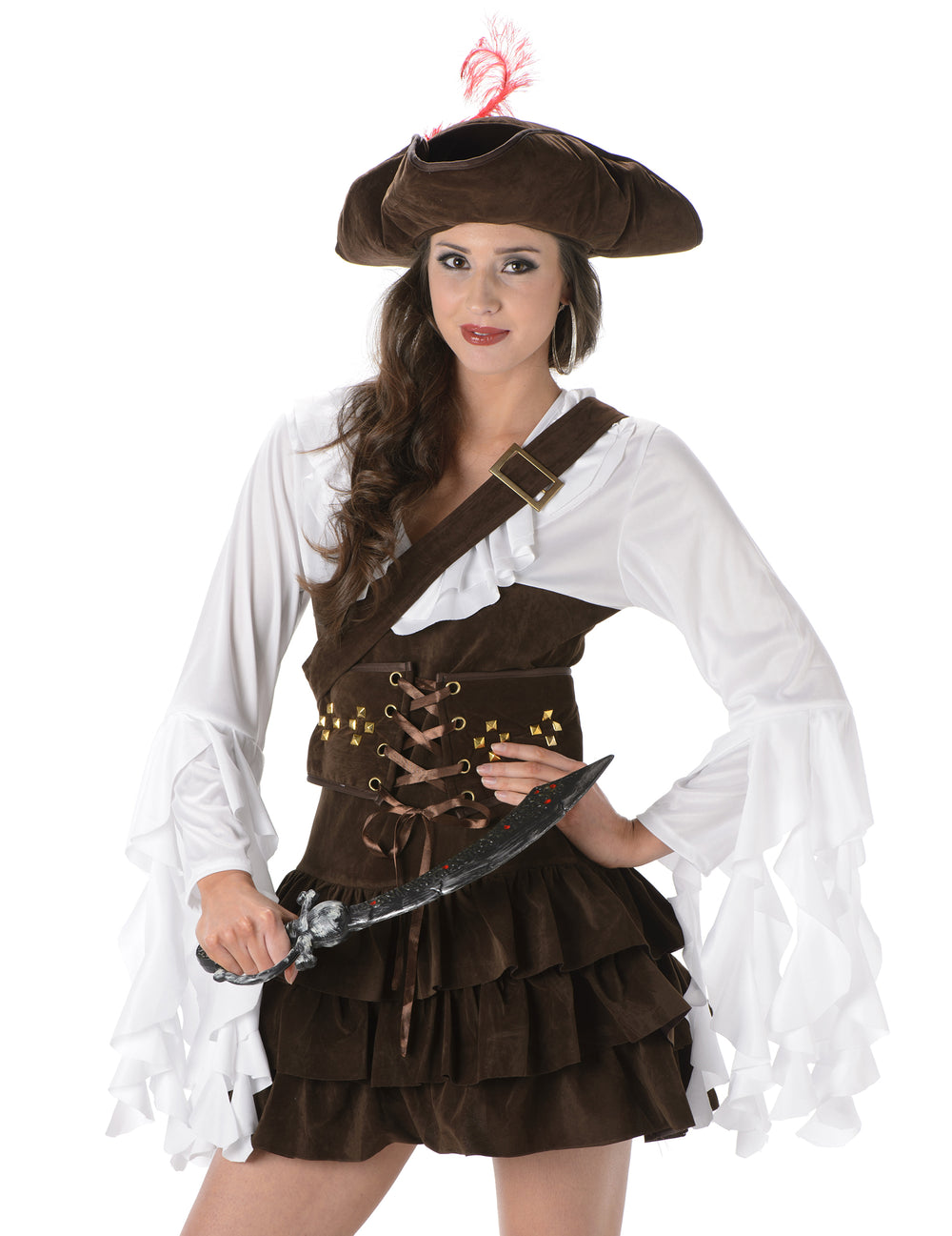 Vue rapprochée du buste et du chapeau du déguisement de pirate effet peau de chamois