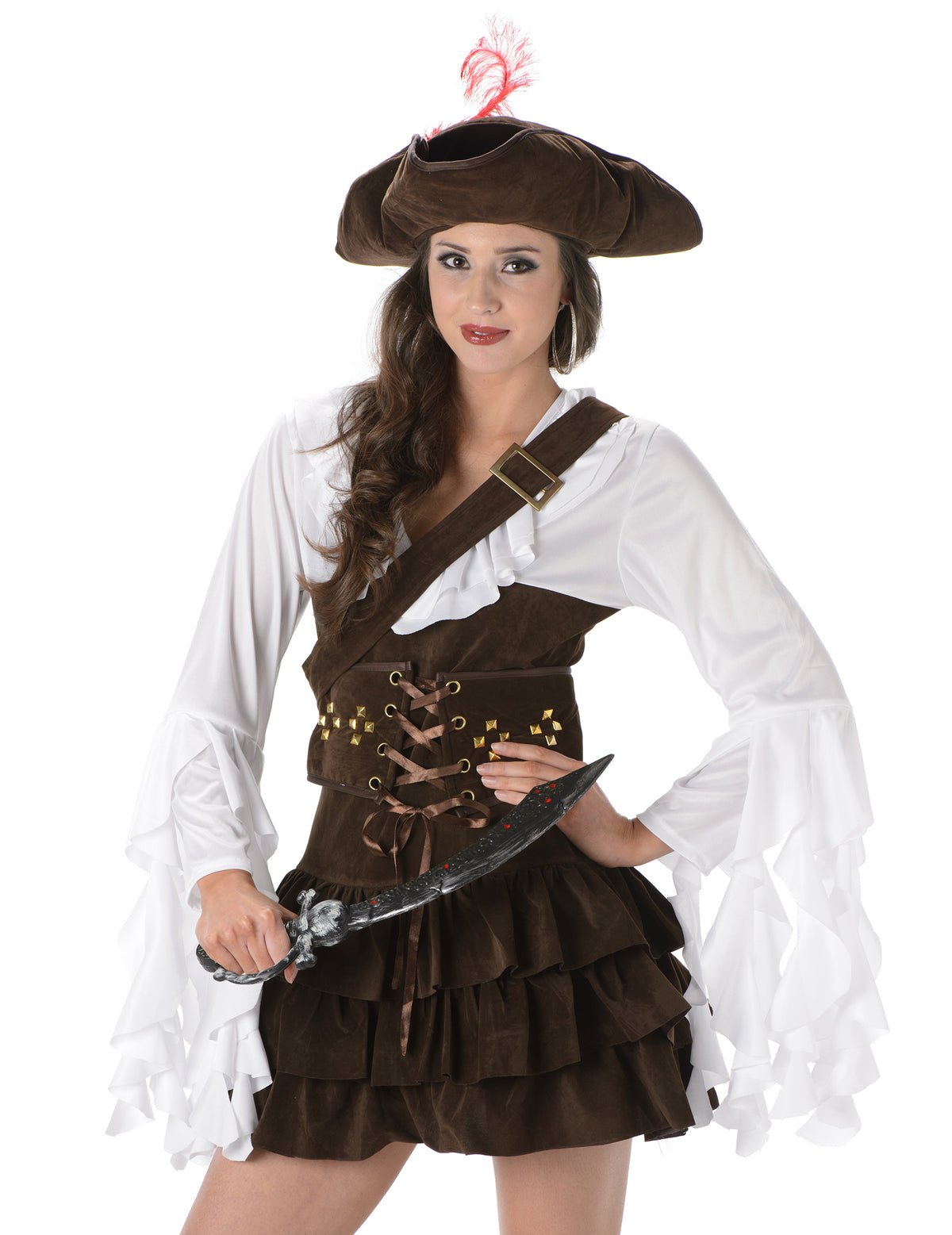 Vue rapprochée du buste et du chapeau du déguisement de pirate effet peau de chamois