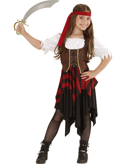 Déguisement de pirate pour fille corset marron et noir avec bandeau rouge