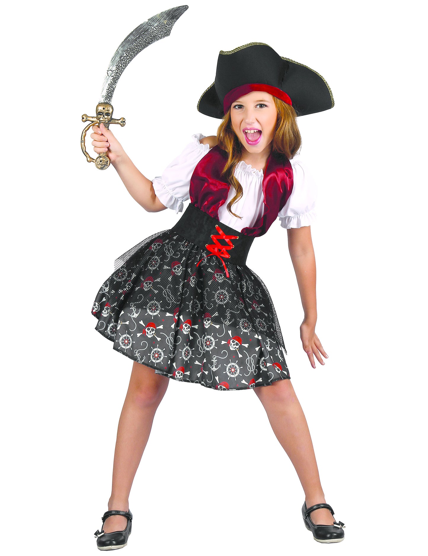 Déguisement pirate imprimé tête de mort pour fille noir rouge et blanc avec chapeau
