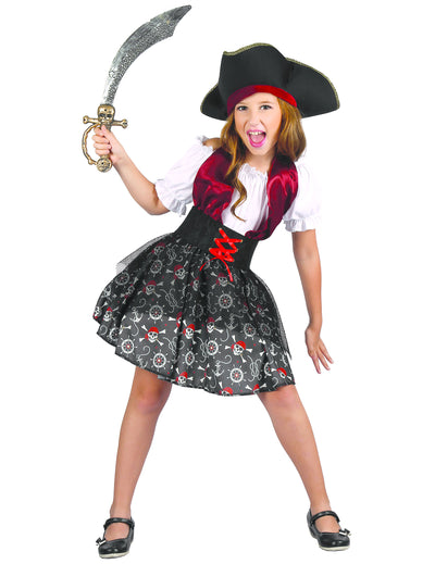 Déguisement pirate imprimé tête de mort pour fille noir rouge et blanc avec chapeau