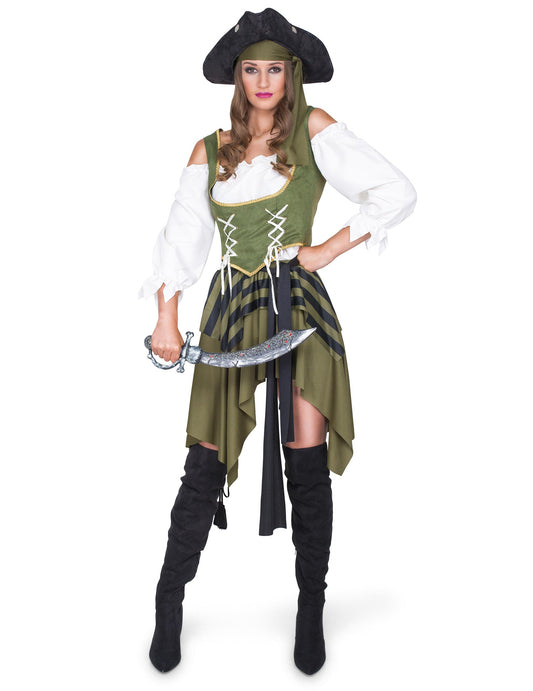 Déguisement de pirate flibustière pour femme vert et blanc avec chapeau et sabre