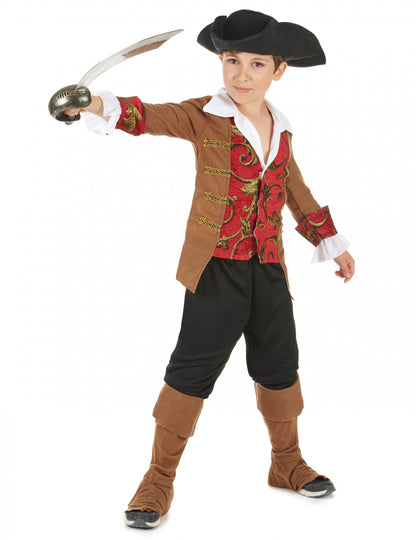Akciós póz karddal a barna és fekete kalóz jelmezben fiúknak