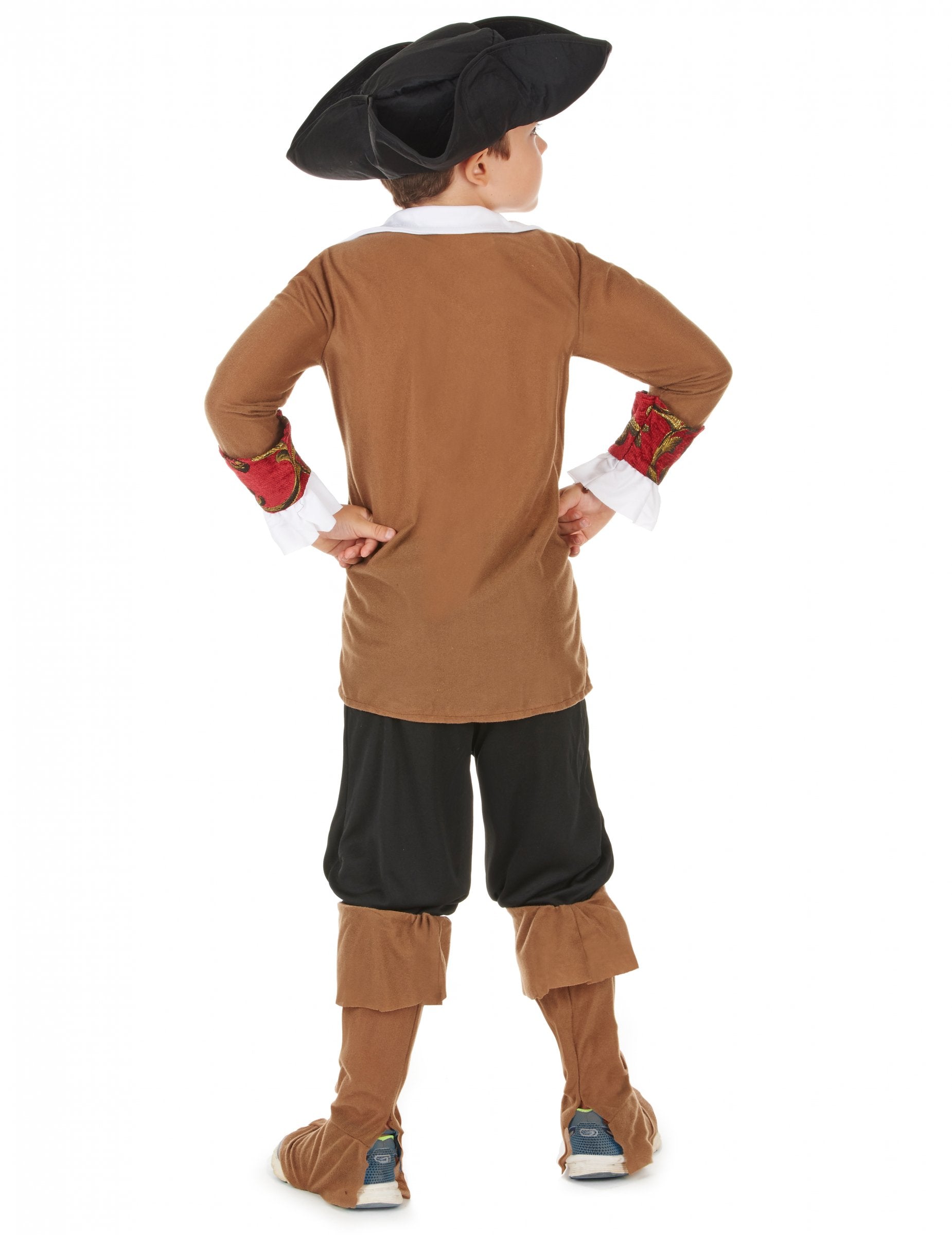 Hátulról nézet a barna és fekete kalóz jelmezről fiúknak
