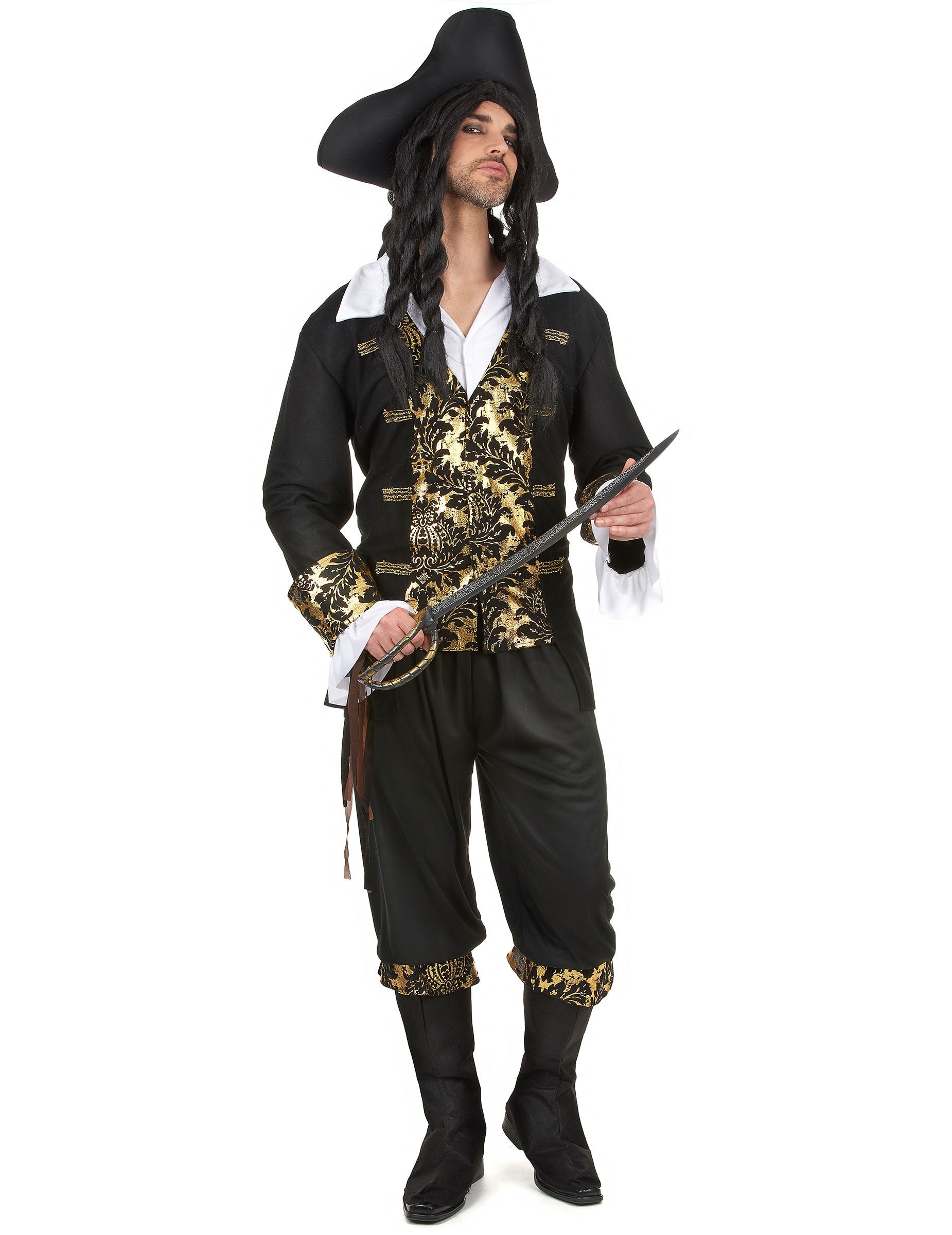 Déguisement pirate à motif pour homme noir et doré avec chapeau