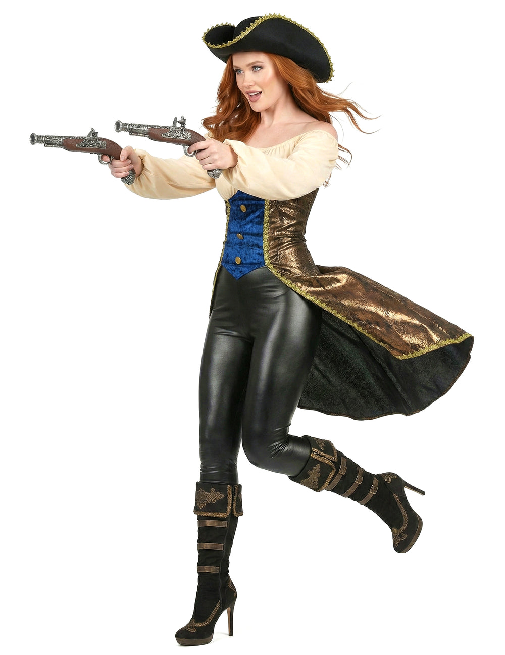 Vue de profil avec pistolets du déguisement de pirate pour femme